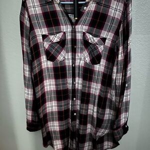 Express Burgundy and Cream Plaid Shirt